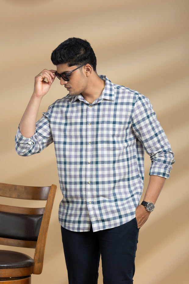 Grey and White Checkered Printed Shirt