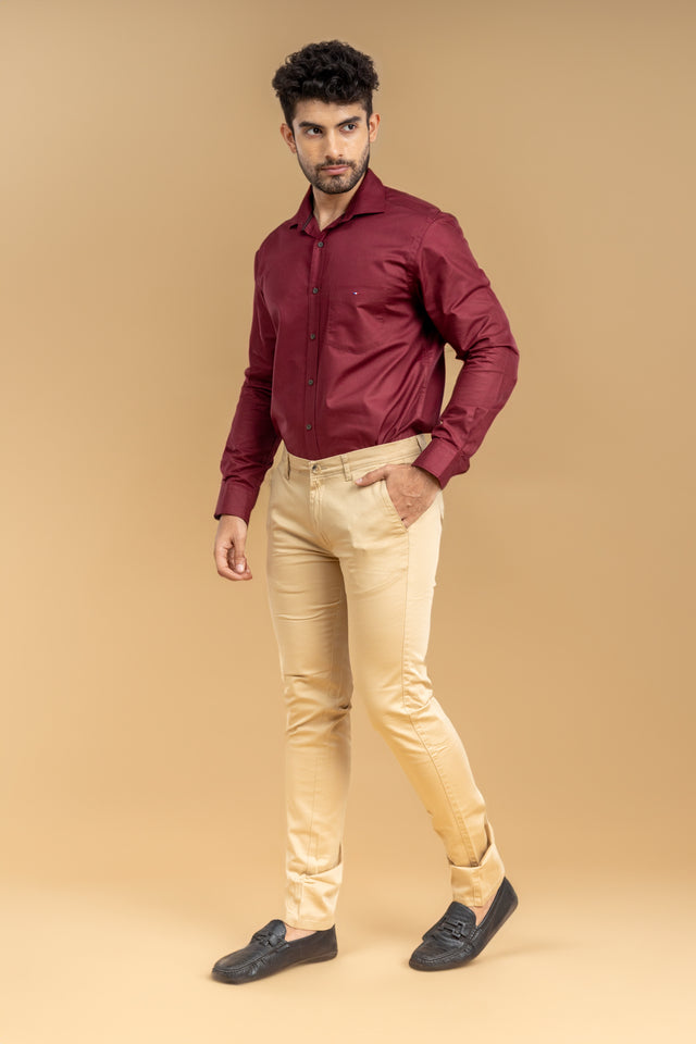 Beige Classic Slim Fit Solid Trousers