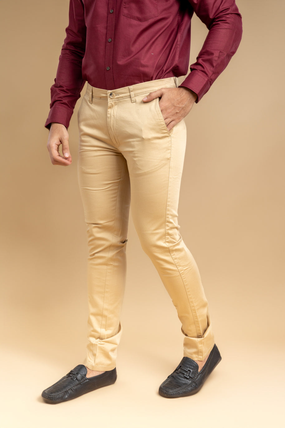 Beige Classic Slim Fit Solid Trousers