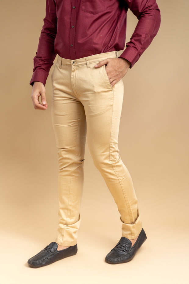 Beige Classic Slim Fit Solid Trousers