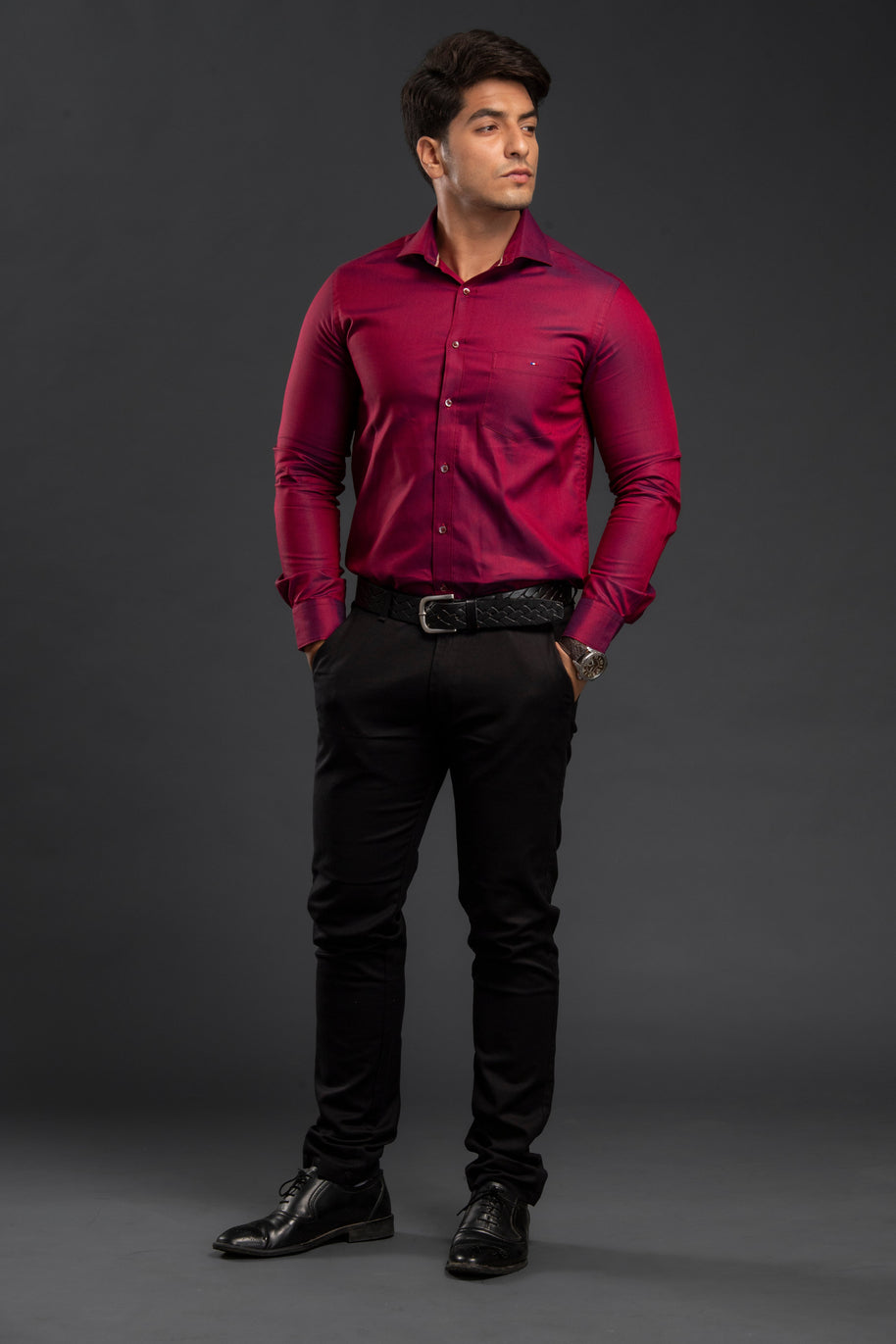 Maroon Trendy Two Tone Oxford Plain Shirt