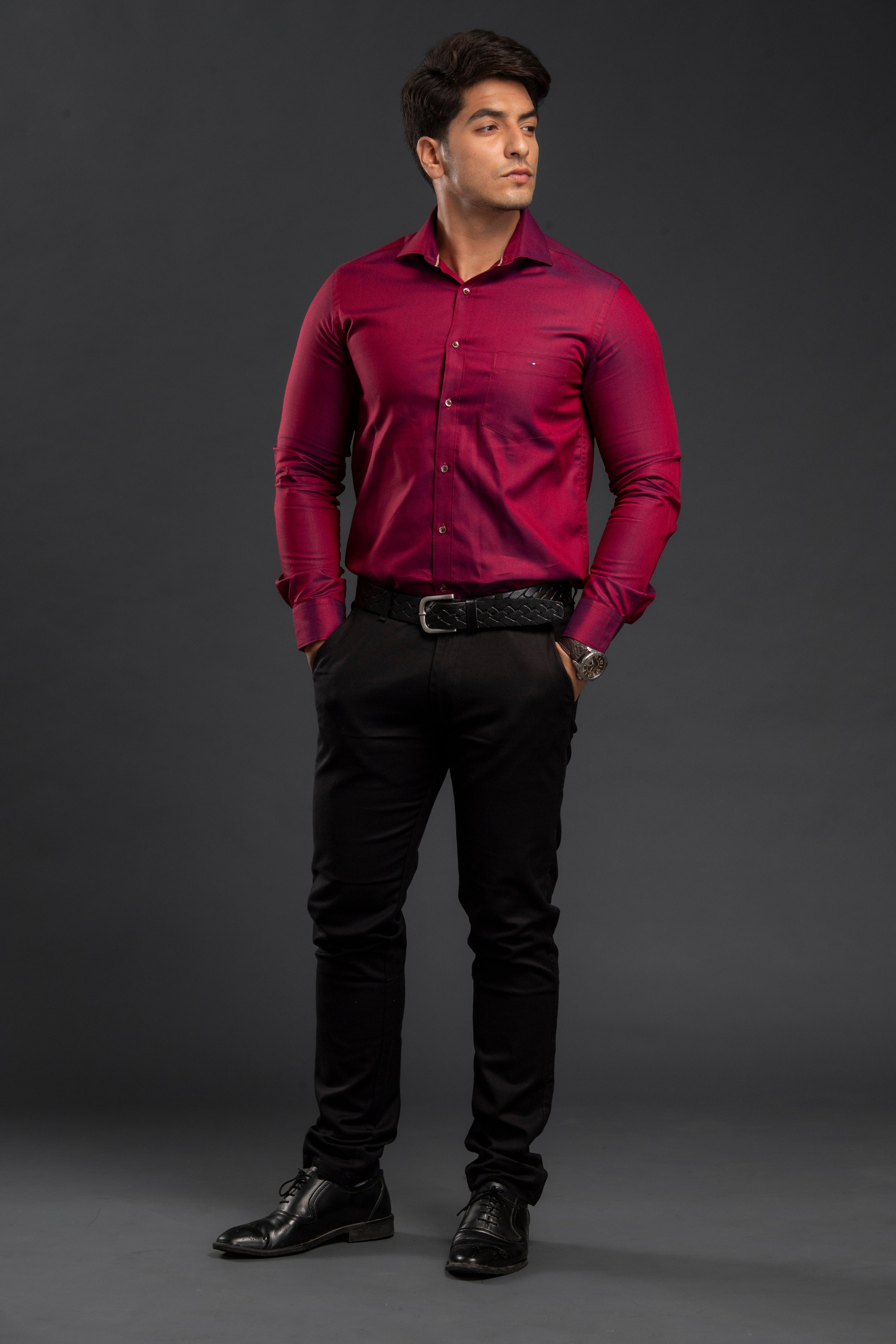 Maroon Trendy Two Tone Oxford Plain Shirt
