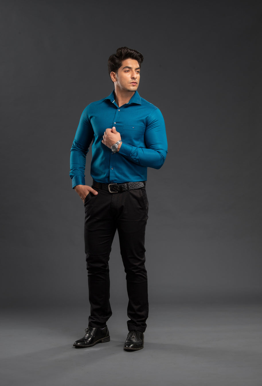 Sea Green Stylish Two Tone Oxford  Plain Shirt