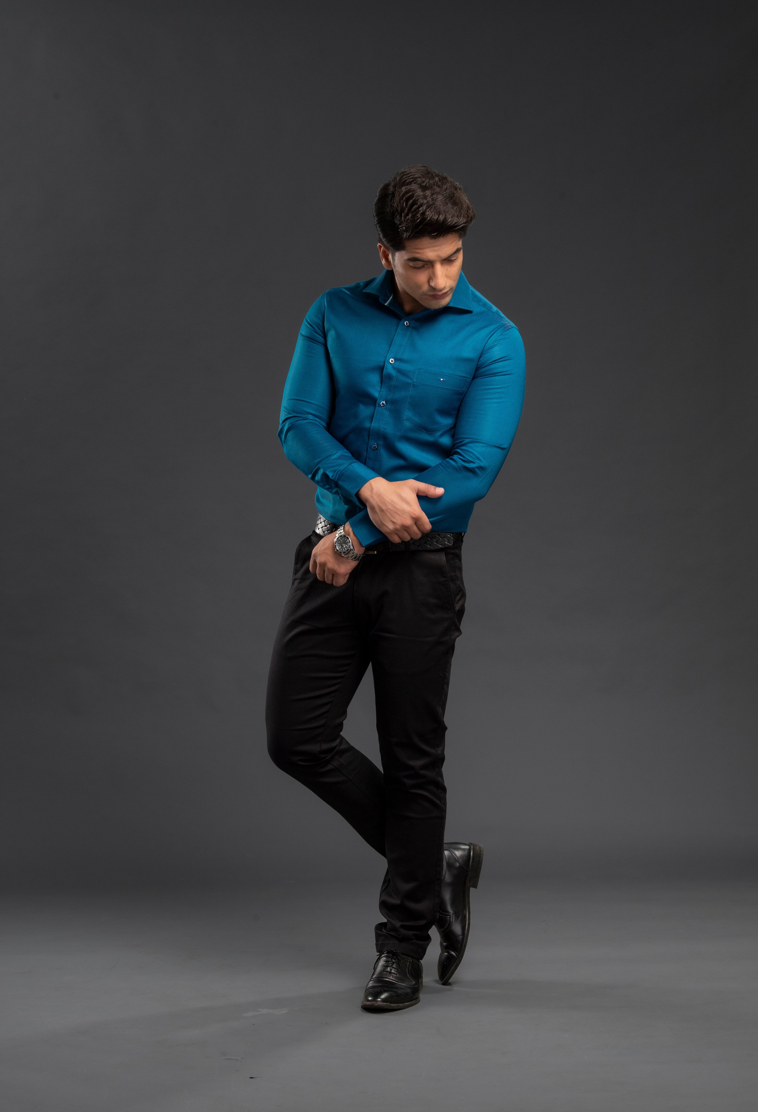 Sea Green Stylish Two Tone Oxford  Plain Shirt