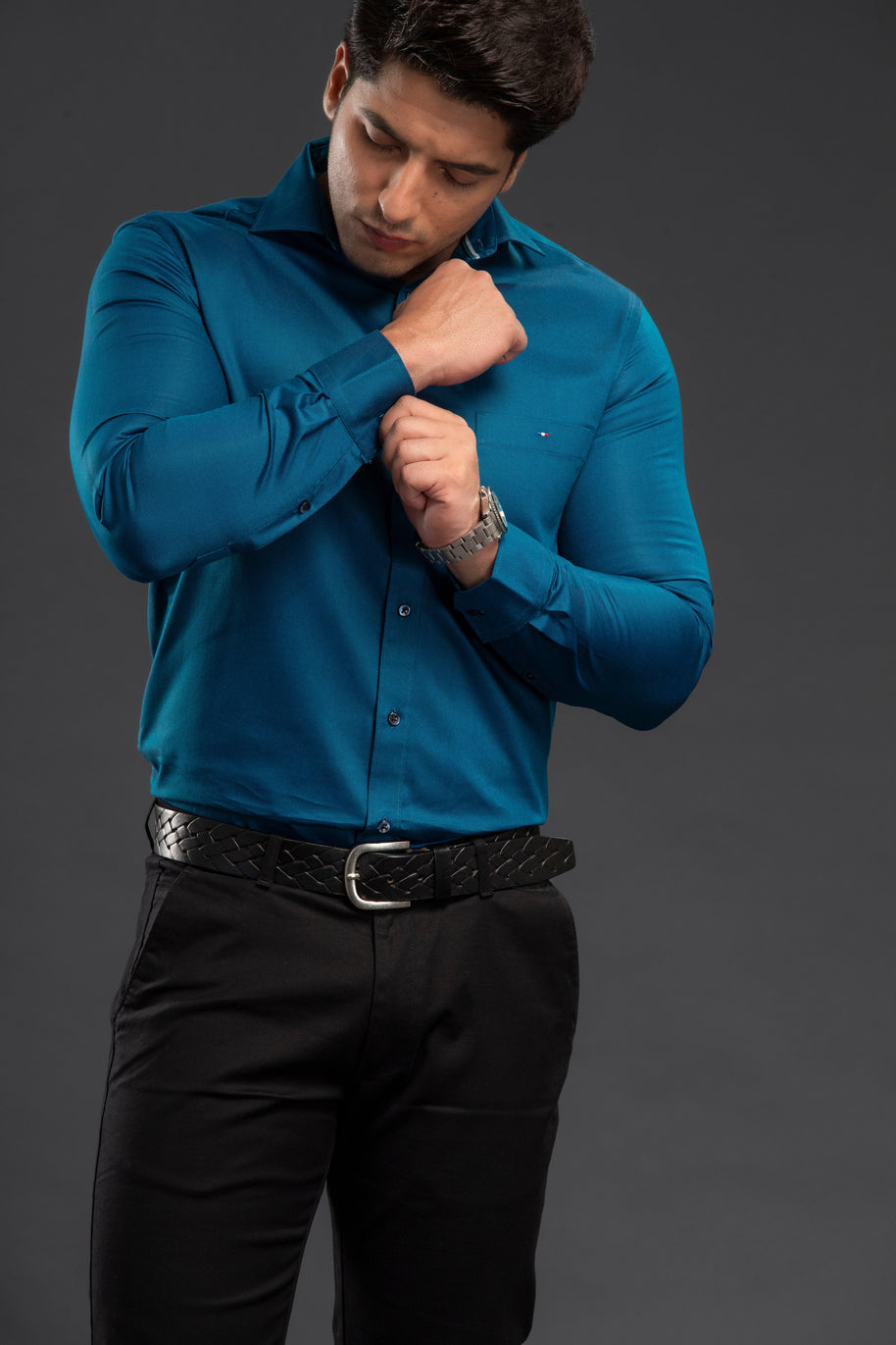 Sea Green Stylish Two Tone Oxford  Plain Shirt