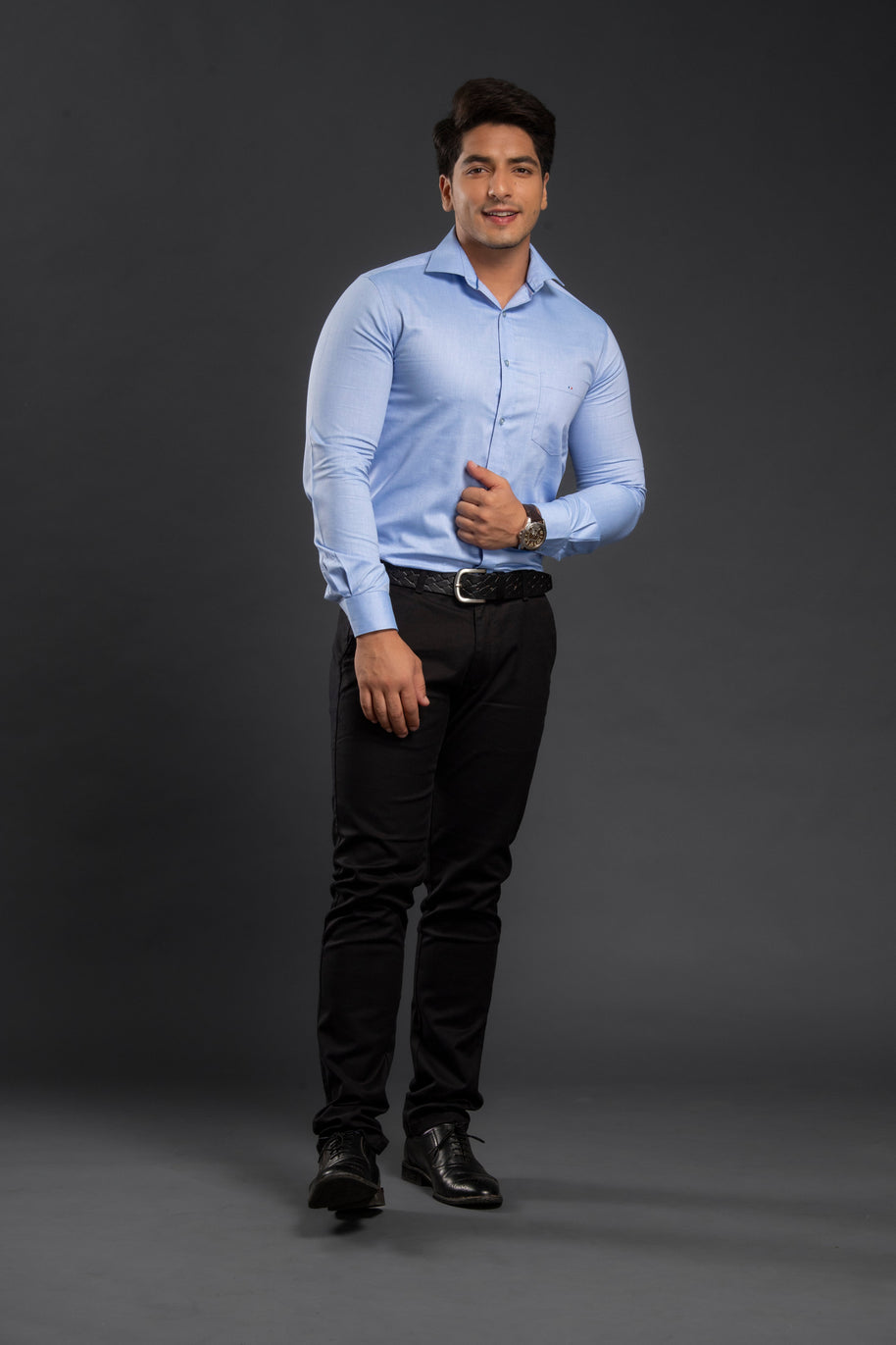 Blue Solid Chambray Cotton Shirt