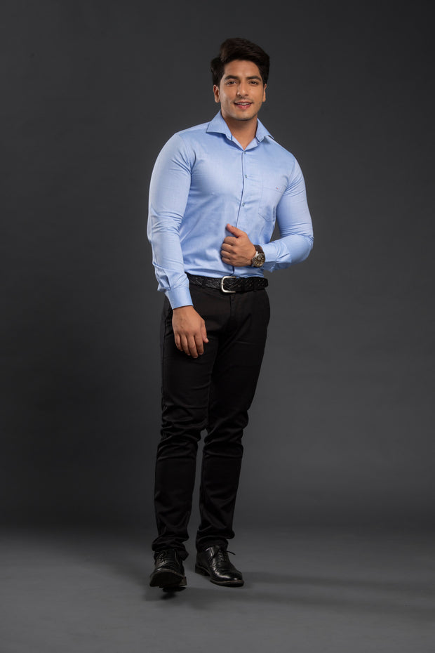 Blue Solid Chambray Cotton Shirt