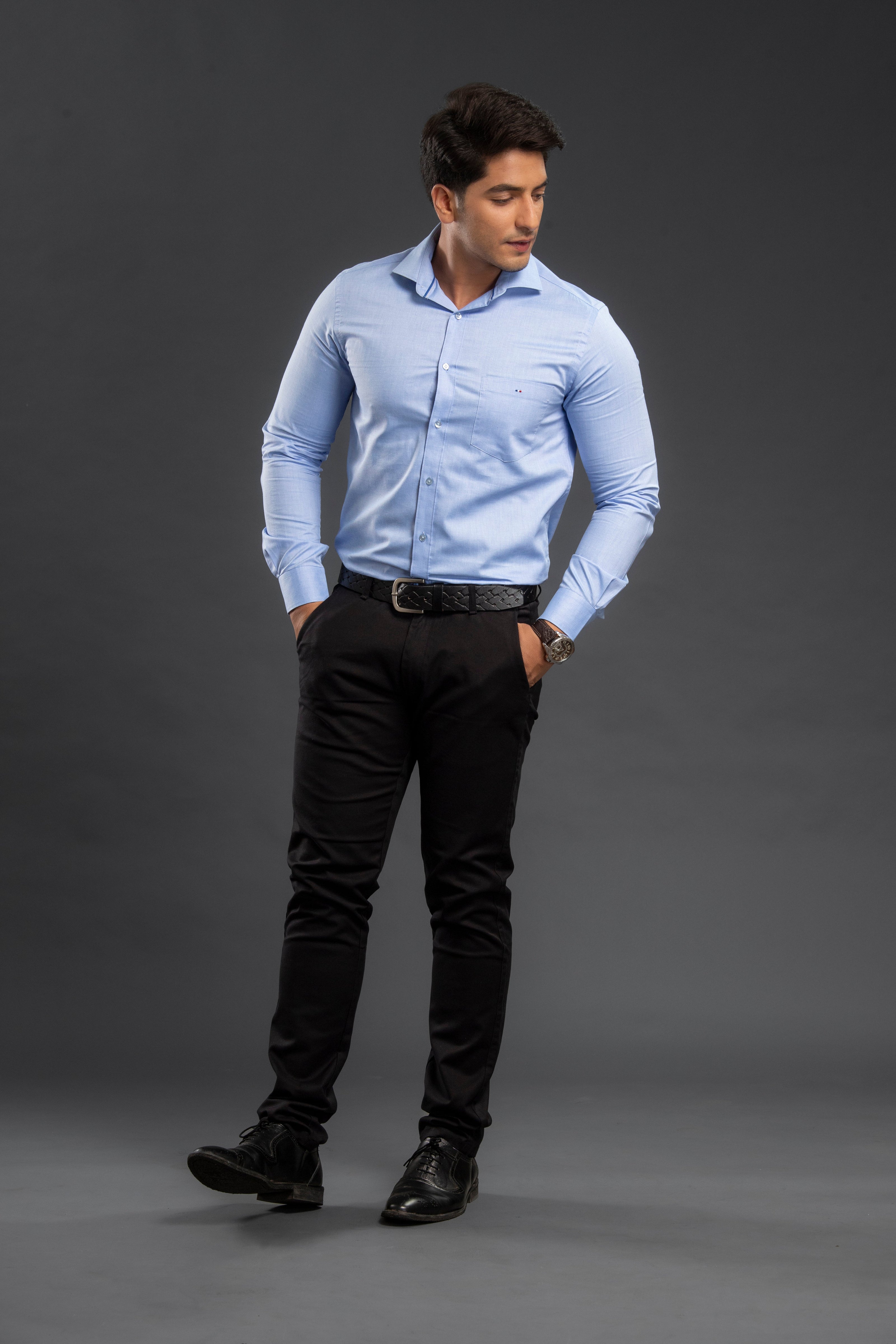 Blue Solid Chambray Cotton Shirt